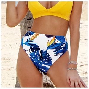 Cupshe blue and yellow leaf print high waist bikini bottoms